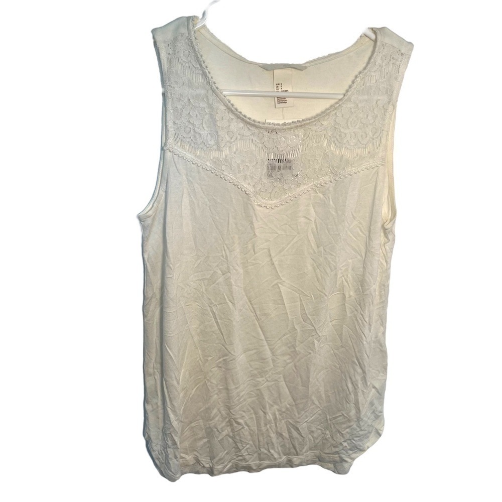 H&M Women's Size Small Tank Top Round Neck White Cream Lace Yoke 100% Viscose